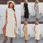 spring autumn lace up women casual pullover sleeveless round neck knitwear midi commuter split knitted dress