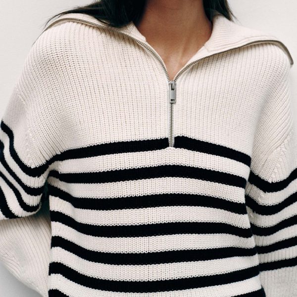 lapel collar knitwear women lantern sleeve striped casual oversize elegant knitted sweater tops