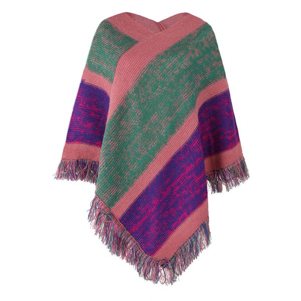 2026 new arrivals Color blocking knitwear striped knitted cape fashion V neck women tassel shawl