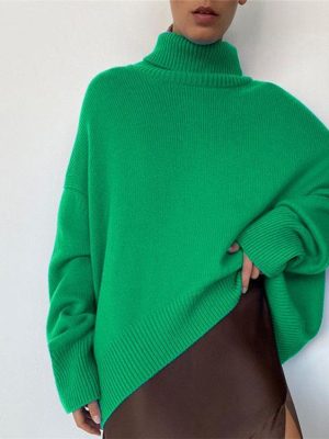 casual knitwear solid color turtleneck long women oversize elegant sweaters