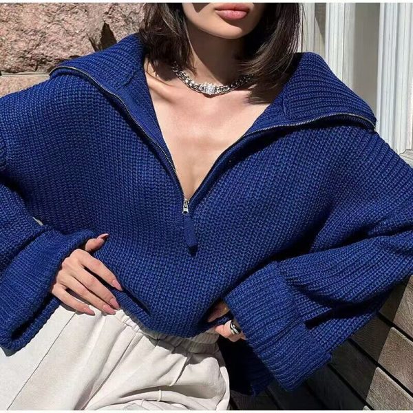 New arrivals winter fall solid color knitwear turn down collar half zipper knitted sweater tops for women