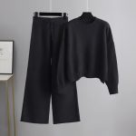 Trending Fashion Winter Autumn round neck oversize Pullover Cable sweaters wide leg pants knitted 2 piece set for women