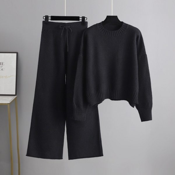 Trending Fashion Winter Autumn round neck oversize Pullover Cable sweaters wide leg pants knitted 2 piece set for women