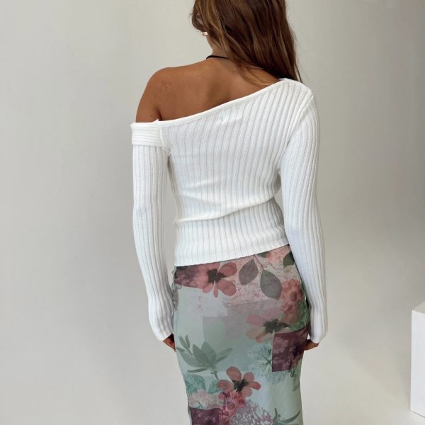 French style fall winter sexy slim fit slant shoulder sweaters lapel long sleeve knitted solid color rib knitwear women