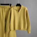 Autumn Winter Solid color Loose Polo Collar Sweater Wide Leg Pants Temperament Women's 2 piece knitted Set