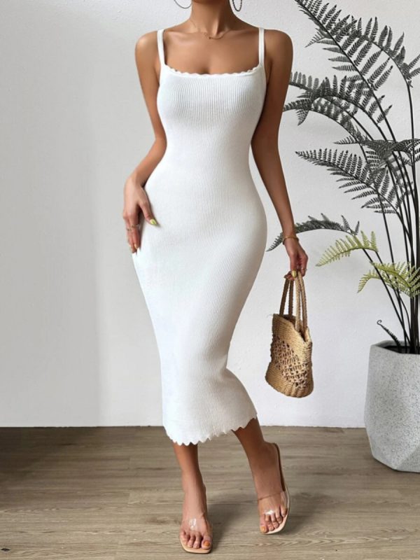 Trending fashion solid color casual knitwear sleeveless elegant slim fit sexy maxi spaghetti strap knit dress for women