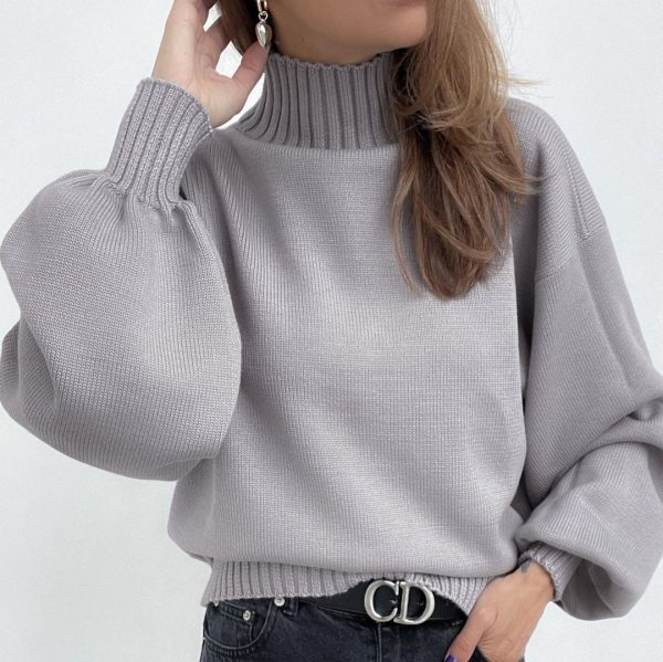 Hot selling women winter solid color puffy sleeve turtleneck fashion short knitwear casual sweater