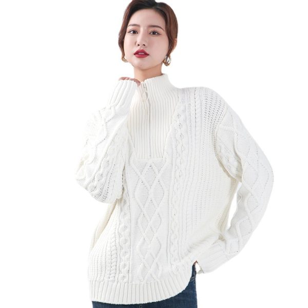High quality thick twist solid color warm fleece tops elegant half zipper turtleneck pullover sweaters for women