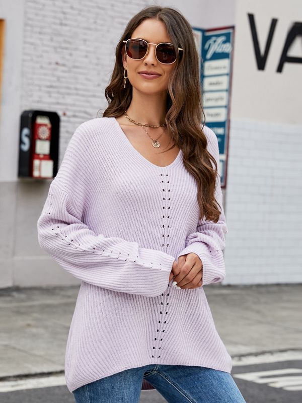 clothing V-neck casual pullover sweater women fashion solid color casual loose long-sleeve jumpers mujer