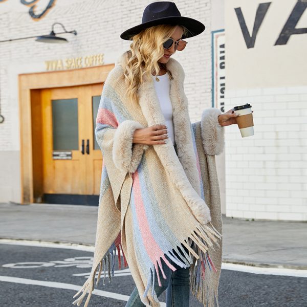 Hooded shawl women cappa autumn winter fur collar sweaters coats striped knitted fringe cape