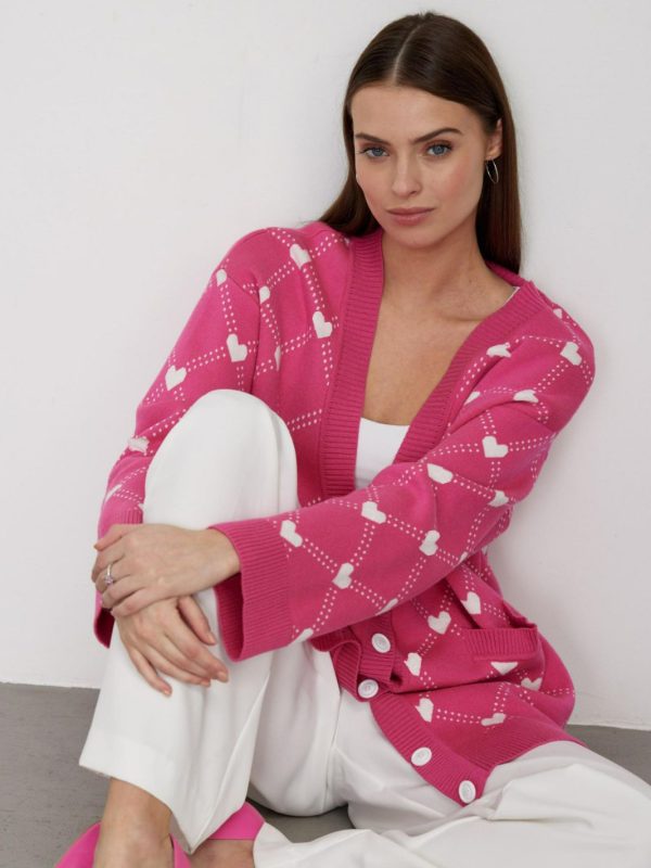 Fall winter V-neck single-breasted button knitwear oversize casual women Love heart jacquard cardigan sweater