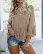 Spring Summer women fashion off shoulder solid color sweaters lace up loose elegant flare sleeve jumpers