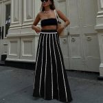 hot selling high waist knitted midi skirts elastic women elegant tassel A-line striped dress