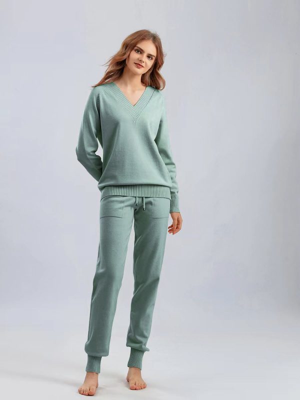New style sweater Harun 2 piece outfits v neck casual knitwear pullover women knitted two piece pants set