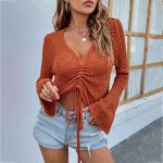 slim fit v neck sexy knit cropped tank top long sleeve hollow out knitwear women casual pullover ruffles vest