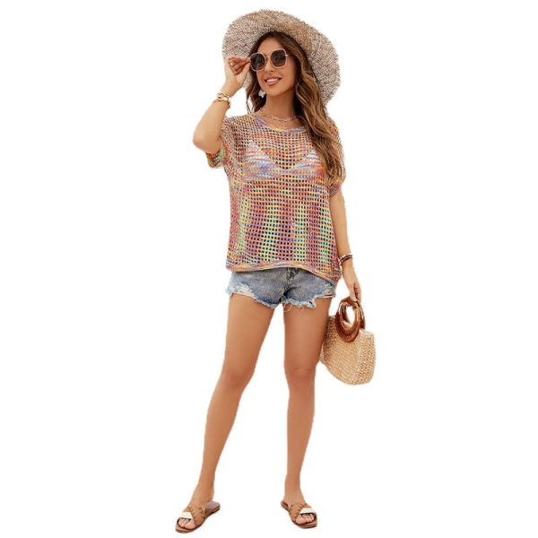 Clothing round neck hollow out jumper be solid color crocheted smock loose plus size bat sleeve sweater for women