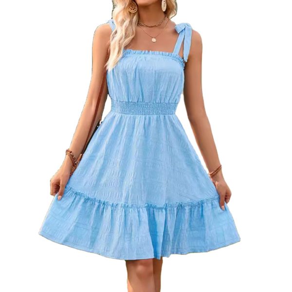 New Arrival 2026 Summer Women's Elegant Solid Color Spaghetti Strap Waist-Cinching Ruffled A-Line Dress
