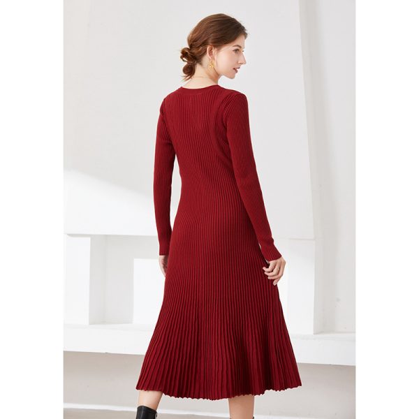 women fashion long sleeve knitwear slim fit elegant pullover v neck sweater knit midi dress