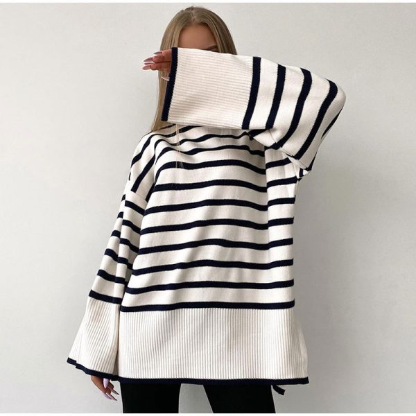 high neck striped loose knitwear women elegant side split contrast color sweaters for women