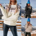 Fall Winter new style vintage jacquard color blocking knitted jumper Elegant loose pullover sweater