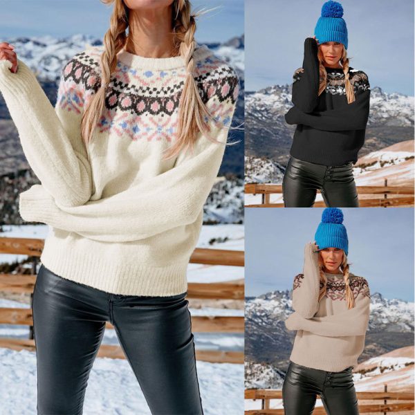 Fall Winter new style vintage jacquard color blocking knitted jumper Elegant loose pullover sweater