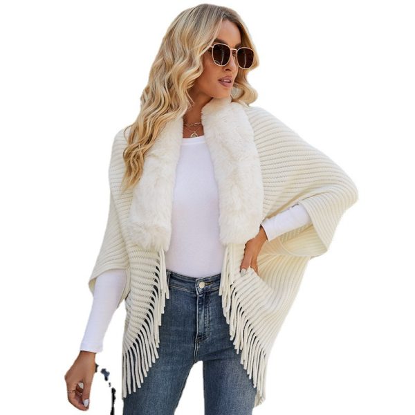 2026 Autumn winter pure color shawl pullover wool-collar tassel wraps women's elegant knitted cape coat
