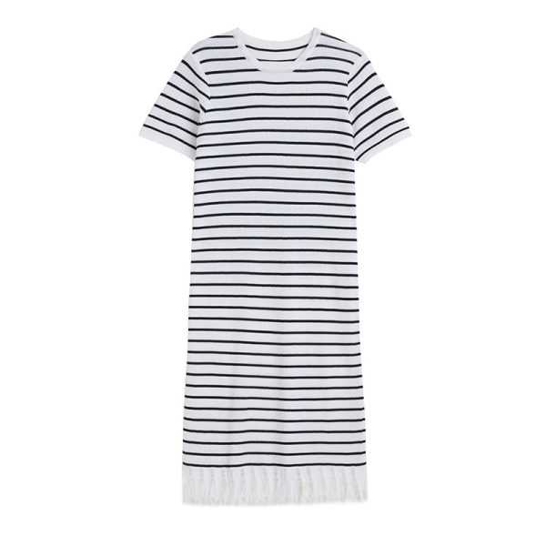 spring summer round neck pullover loose knitwear midi women casual striped knitted dress with tassel