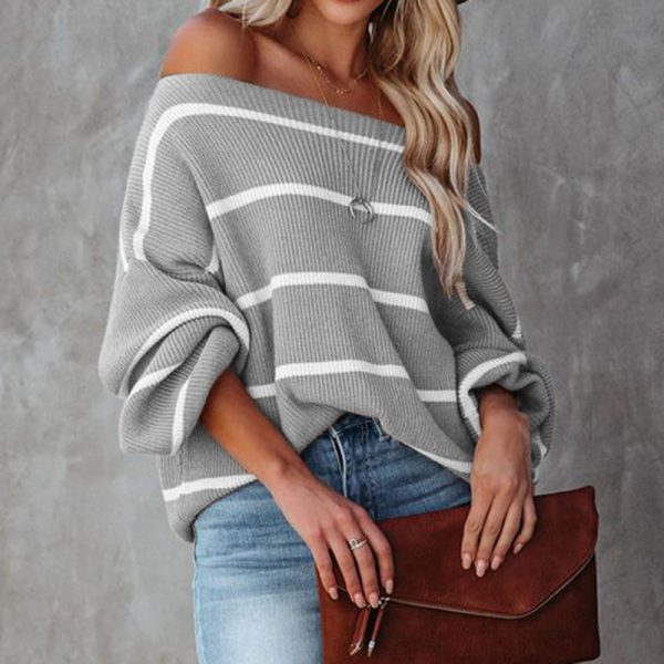 Trending fashion women off shoulder knitwear striped jumper mujer pullover elegant fall winter sweaters