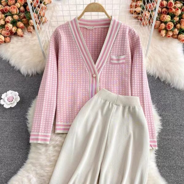 New arrivals women elegant single-breasted cardigans knit high waist pants set color blocking 2 piece matching outfits
