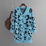 Knitwear deep v neck leopard pattern sweaters coat oversize lengthen women jacquard cardigans