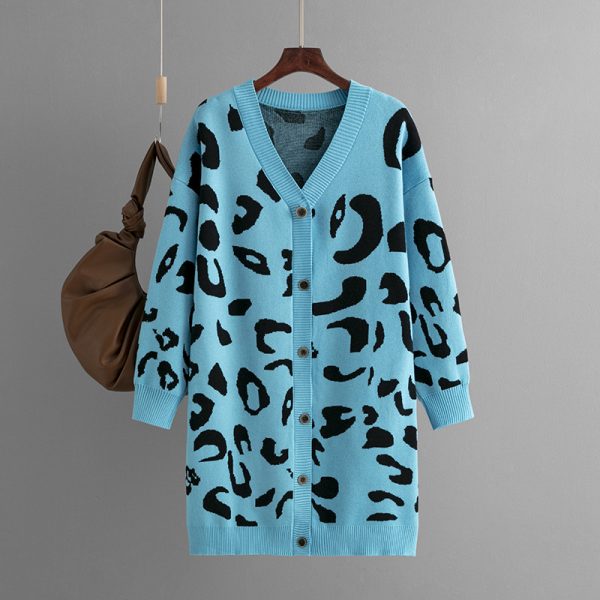 Knitwear deep v neck leopard pattern sweaters coat oversize lengthen women jacquard cardigans