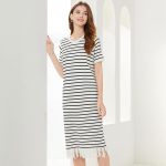 spring summer round neck pullover loose knitwear midi women casual striped knitted dress with tassel