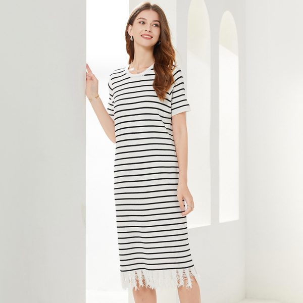 spring summer round neck pullover loose knitwear midi women casual striped knitted dress with tassel