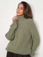 New arrivals rolled collar knitwear lantern sleeve knitted pure color tops oversize pullover casual sweaters women