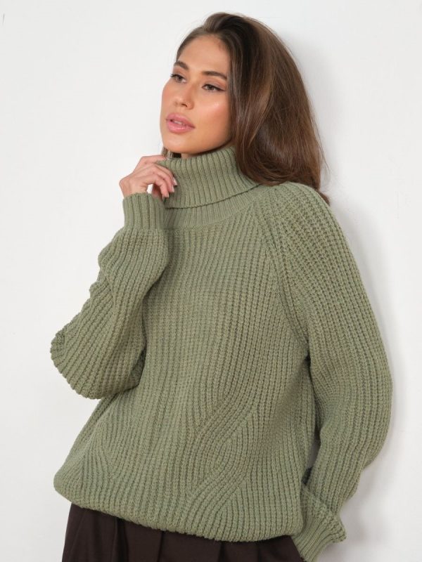 New arrivals rolled collar knitwear lantern sleeve knitted pure color tops oversize pullover casual sweaters women