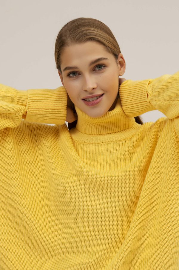 New design casual lantern sleeve knitwear turtleneck pure color women sweater pullover sweater