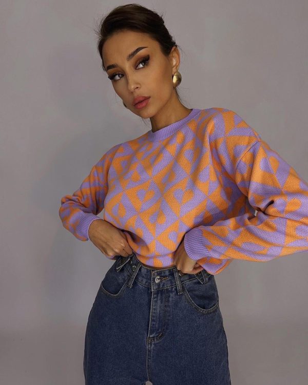 hot sales winter o-neck pullover geometric pattern Knitwear women casual oversize short sweater