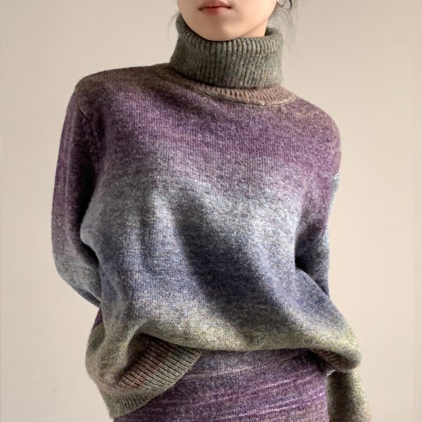 New design stylish wool knitted knitwear high neck loose lazy gradient purple elegant women sweaters