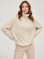 New arrivals rolled collar knitwear lantern sleeve knitted pure color tops oversize pullover casual sweaters women