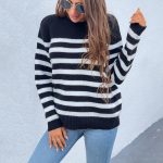 Hot sales round neck pullover casual jumpers mujer long sleeve fall winter loose striped sweaters for women