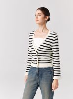 Knitwear Black white striped Merino wool elegant sweater coat Double Breasted gold cardigans women
