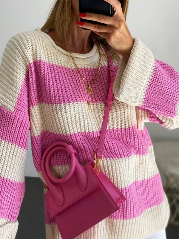 casual Trendy fashion women pullover knitwear long sleeve crew-neck stripe top knitted sweater