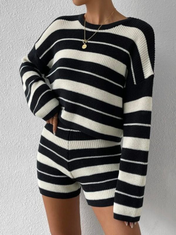 Fall Winter Knit Casual Striped Women Loungewear Pajama Set Knitted Round Neck Pullover Sweater 2 Piece Shorts Set