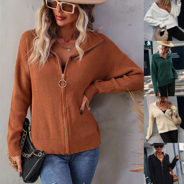 Knitwear turn down neck long sleeve wool casual winter knit top women knitted sweater cardigan