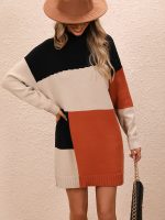 Trending crew-neck long sleeve pullover elegant sweater knitted midi oversize Color matching dress women