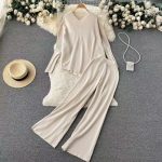 Hot selling pure color women loungewear elegant pullover loose knitted wide leg pants 2 piece set women