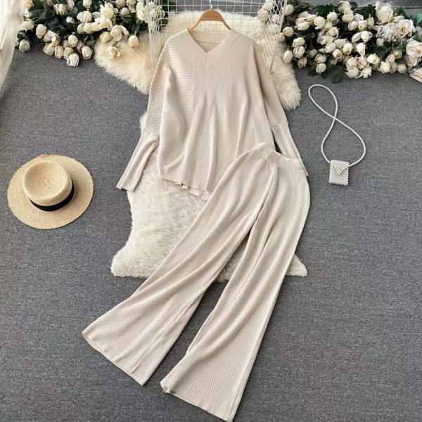 Hot selling pure color women loungewear elegant pullover loose knitted wide leg pants 2 piece set women
