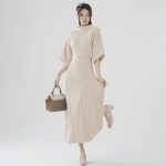 High-end design knitwear solid color women slim waist summer half-sleeve A-line long cable knitted dress