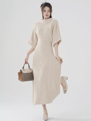 High-end design knitwear solid color women slim waist summer half-sleeve A-line long cable knitted dress