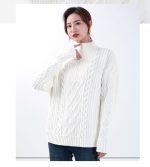 High quality thick twist solid color warm fleece tops elegant half zipper turtleneck pullover sweaters for women